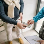 Dua tangan saling bertukar uang tunai dalam satu transaksi pembayaran sekaligus atau lumpsum